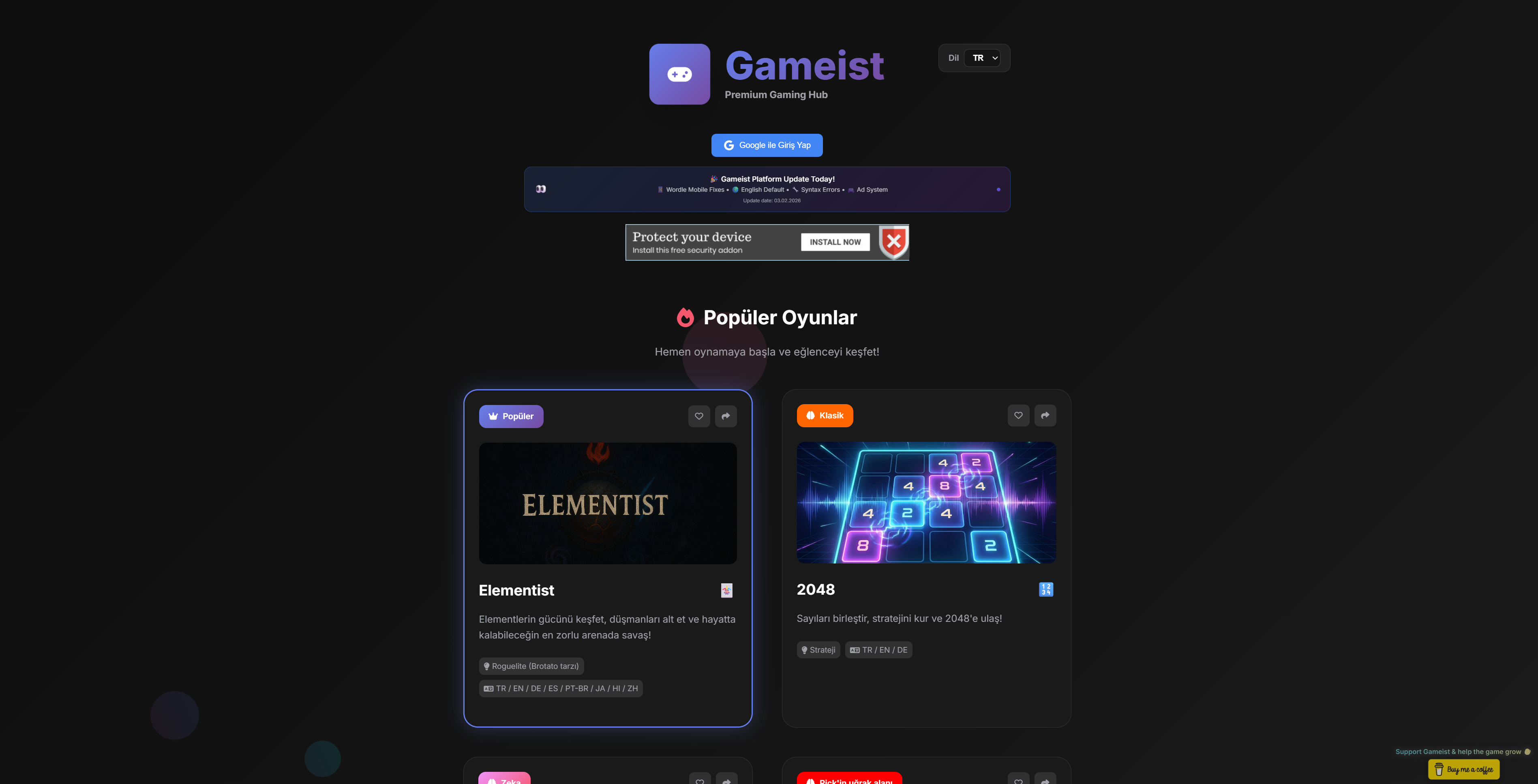 Gameist Gamehub ana sayfa ekran görüntüsü
