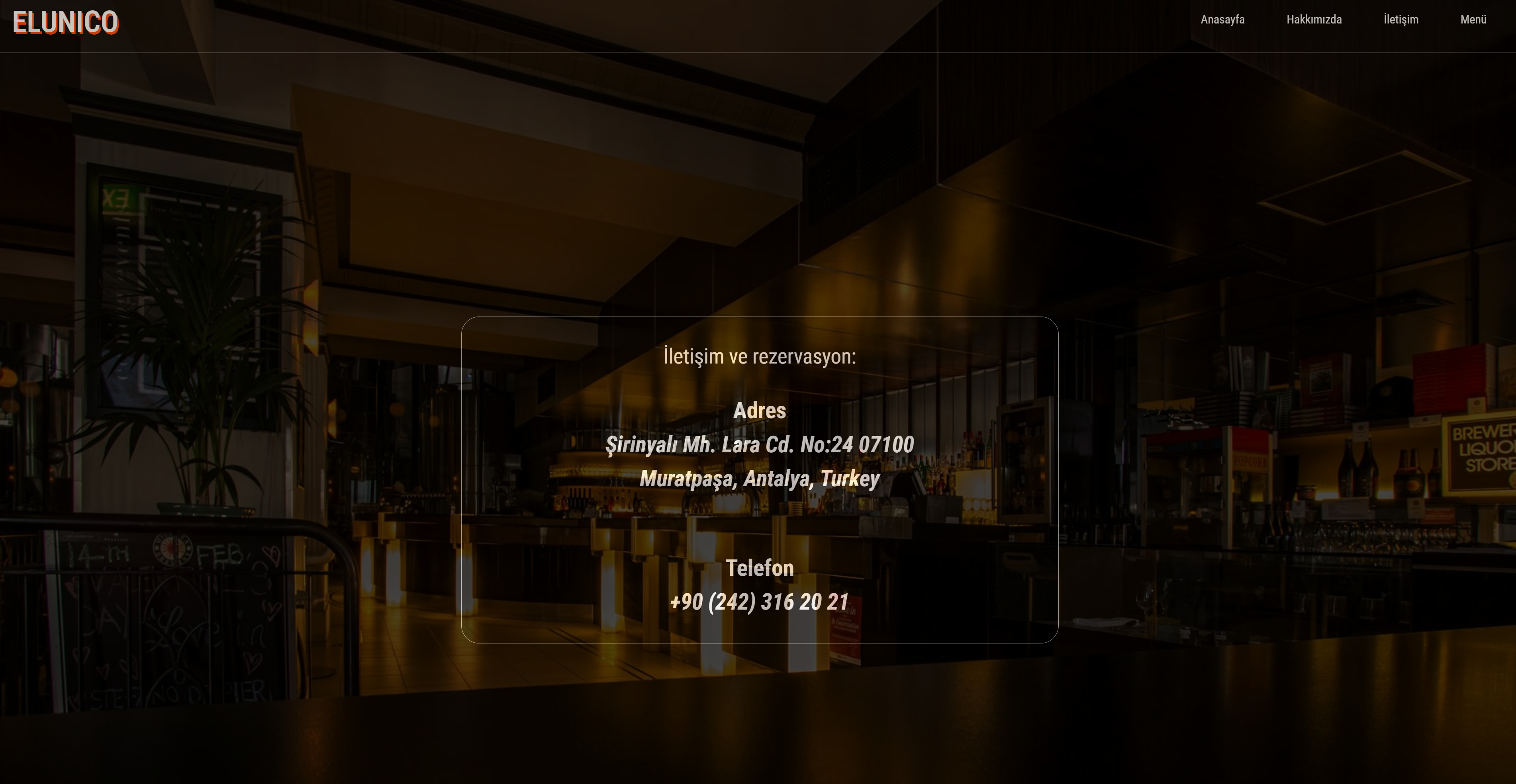 ELUNICO RESTAURANT iletişim sayfası