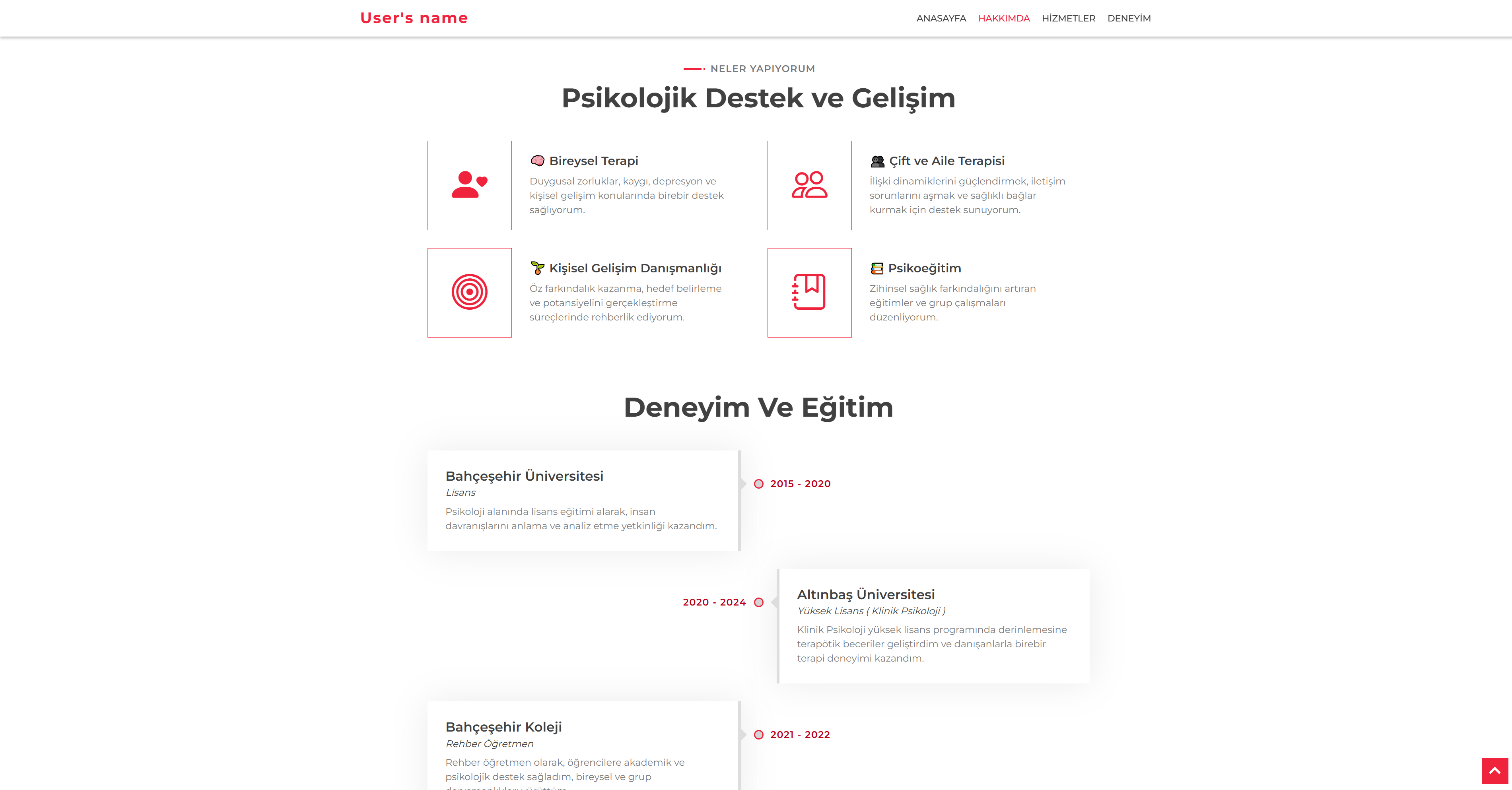 Psikoloji projesi iletişim/deneyim sayfası