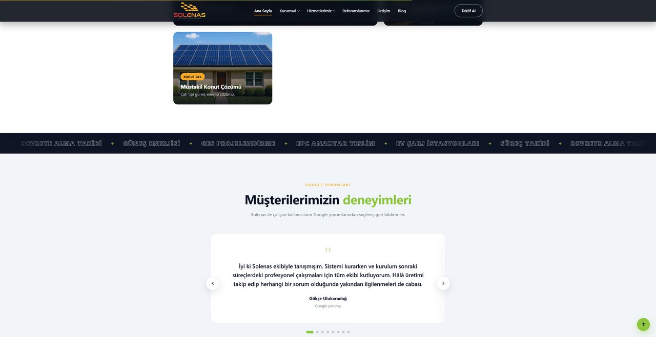 Solenas hizmetler ve müşteri yorumları bölümü