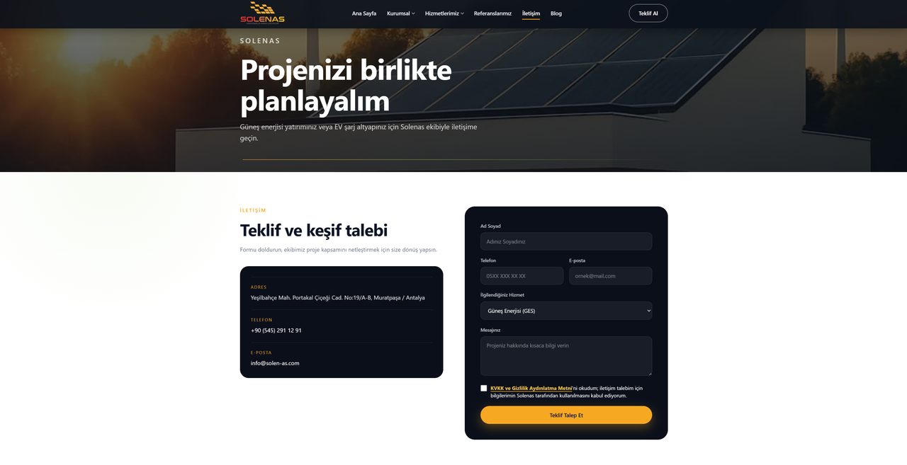 Solenas Antalya iletişim ve teklif formu sayfası